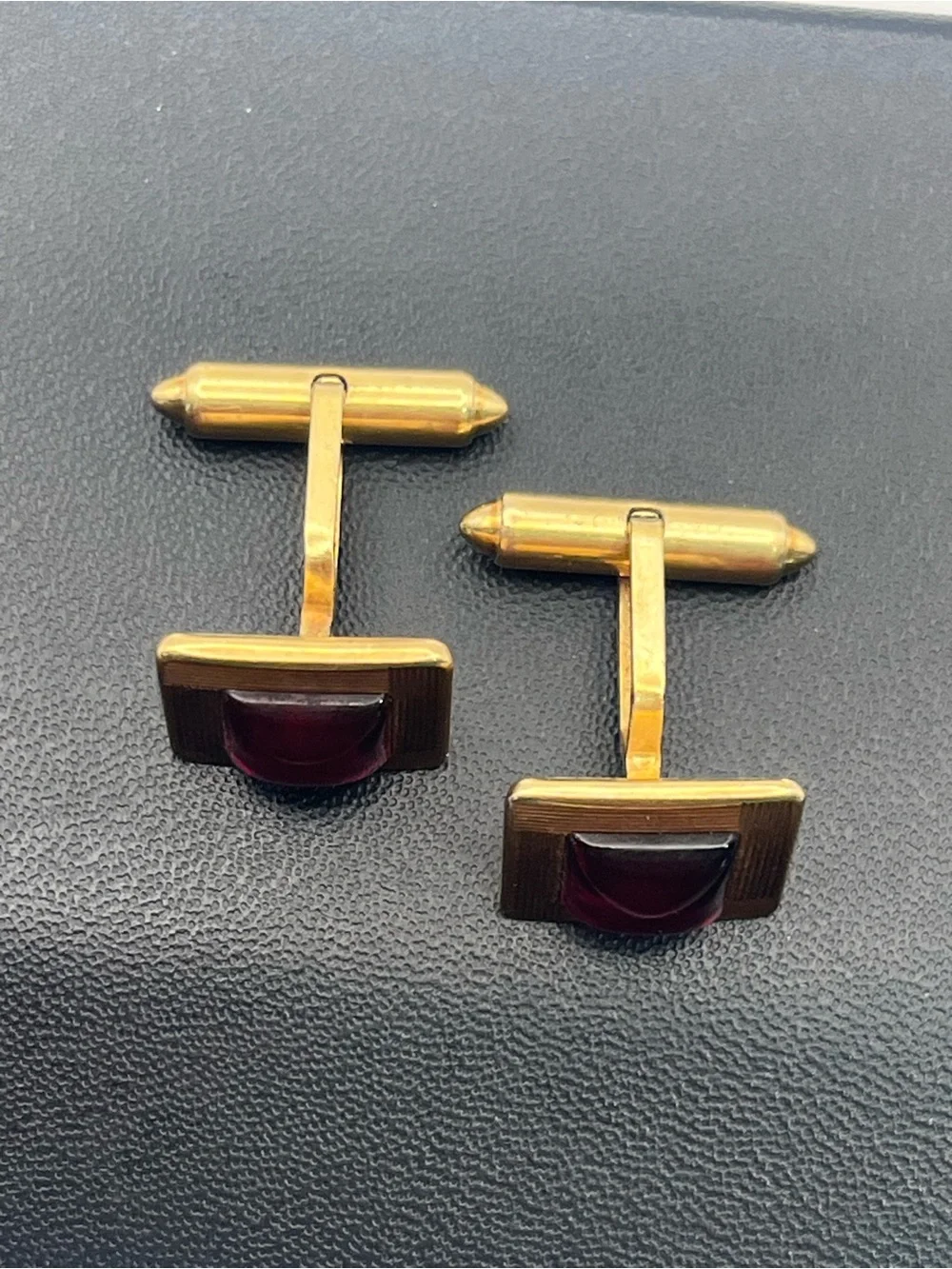 Krementz red lucite gold tone square textured vintage MCM cufflinks